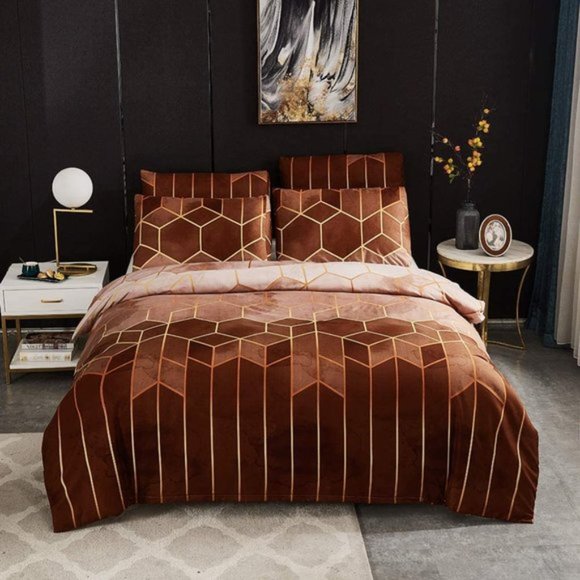 ✧Geometric Diamond Lines Brown Duvet Cover Set✧ - Picture 6 of 6